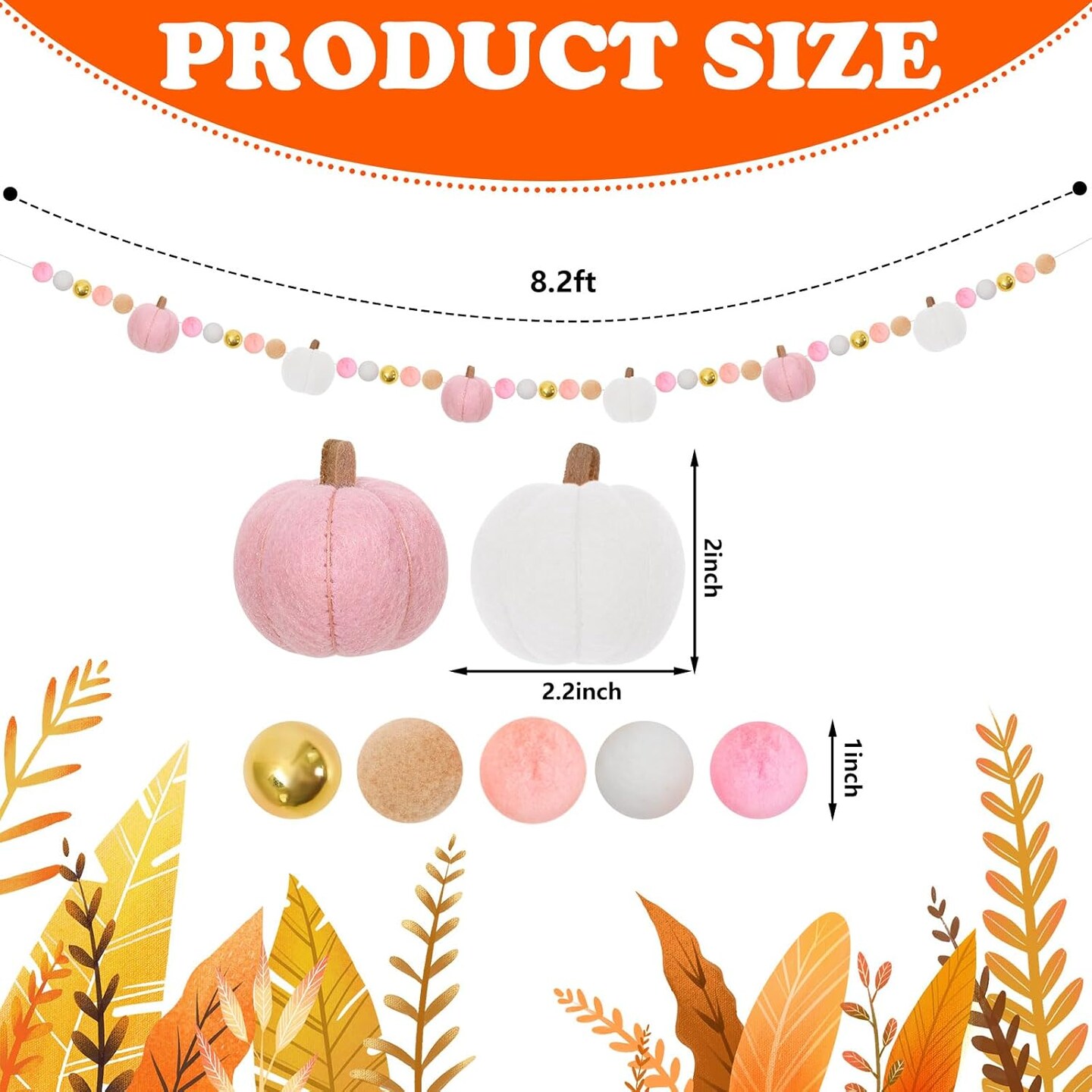 8.2Ft Fall Felt Garland 3D Pink White Pumpkin with Gold Bead Hanging Banner