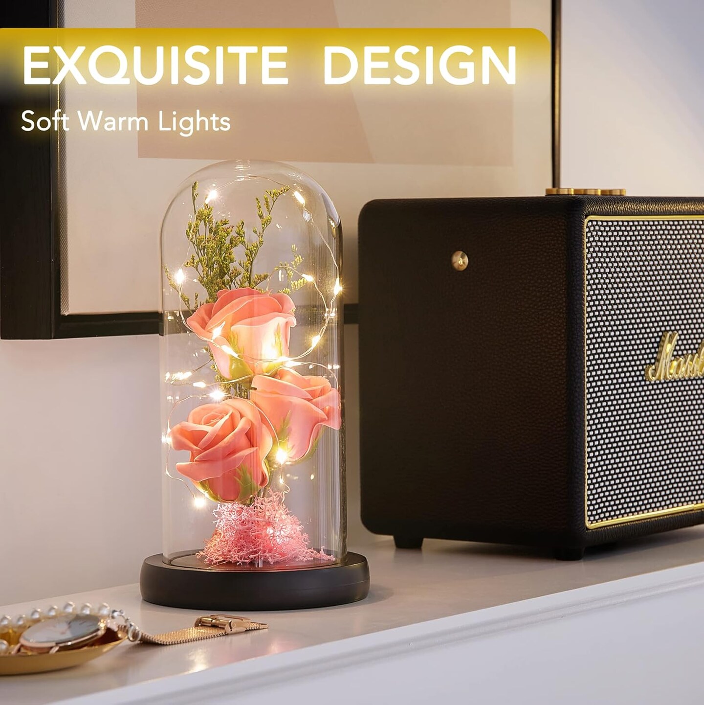 Preserved Flower Gift, Light Up Rose in Glass Dome (Rose Pink) 4.3"D x 4.3"W x 8.2"H