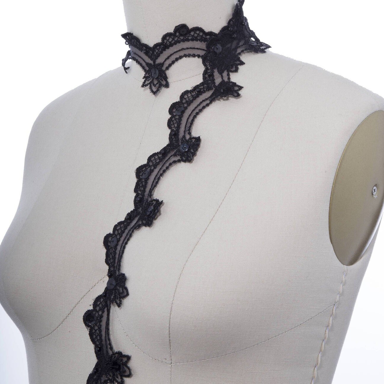 1 Inch Black Beaded Lace Trim On Clear Chiffon With Scalloped Arches 1 Yard For Formal Decor