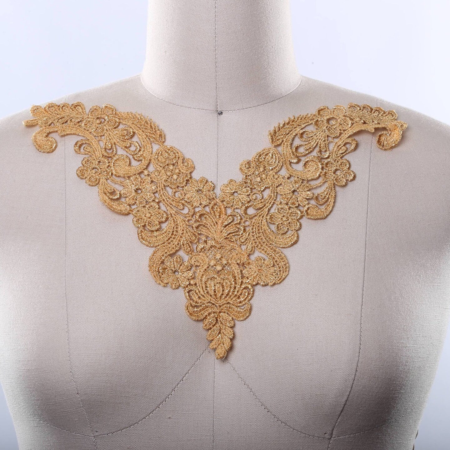 Soft Gold Metallic Venice Lace Applique 1 Pc Elegant V Shaped Regal Embellishment