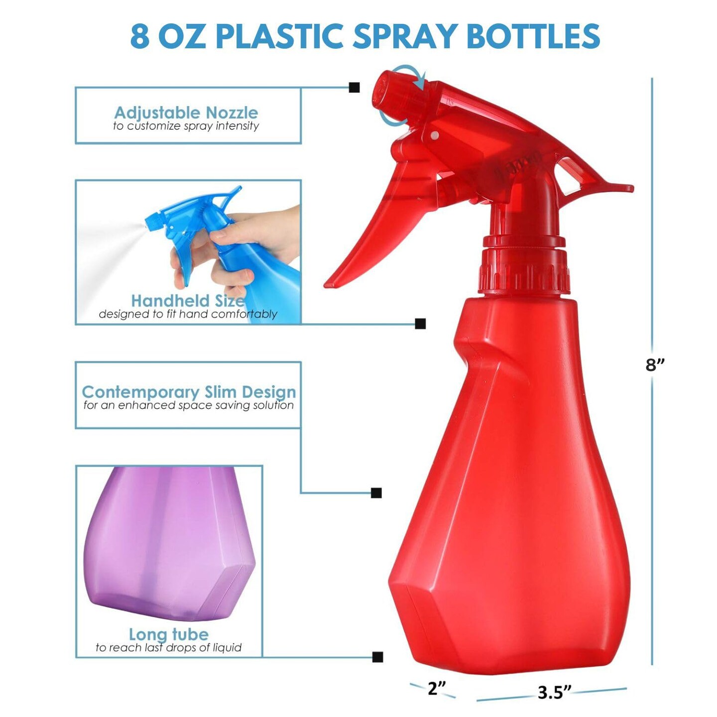 4-Pack, 8oz Plastic Empty Spray Bottles - Red, Yellow, Purple, Blue