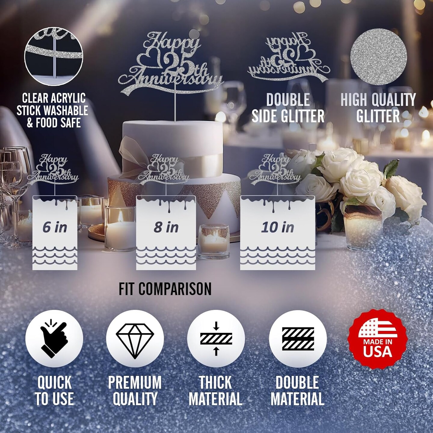 25th Anniversary Cake Topper Silver Glitter, 25 Wedding Anniversary 6.6"W x 4"H