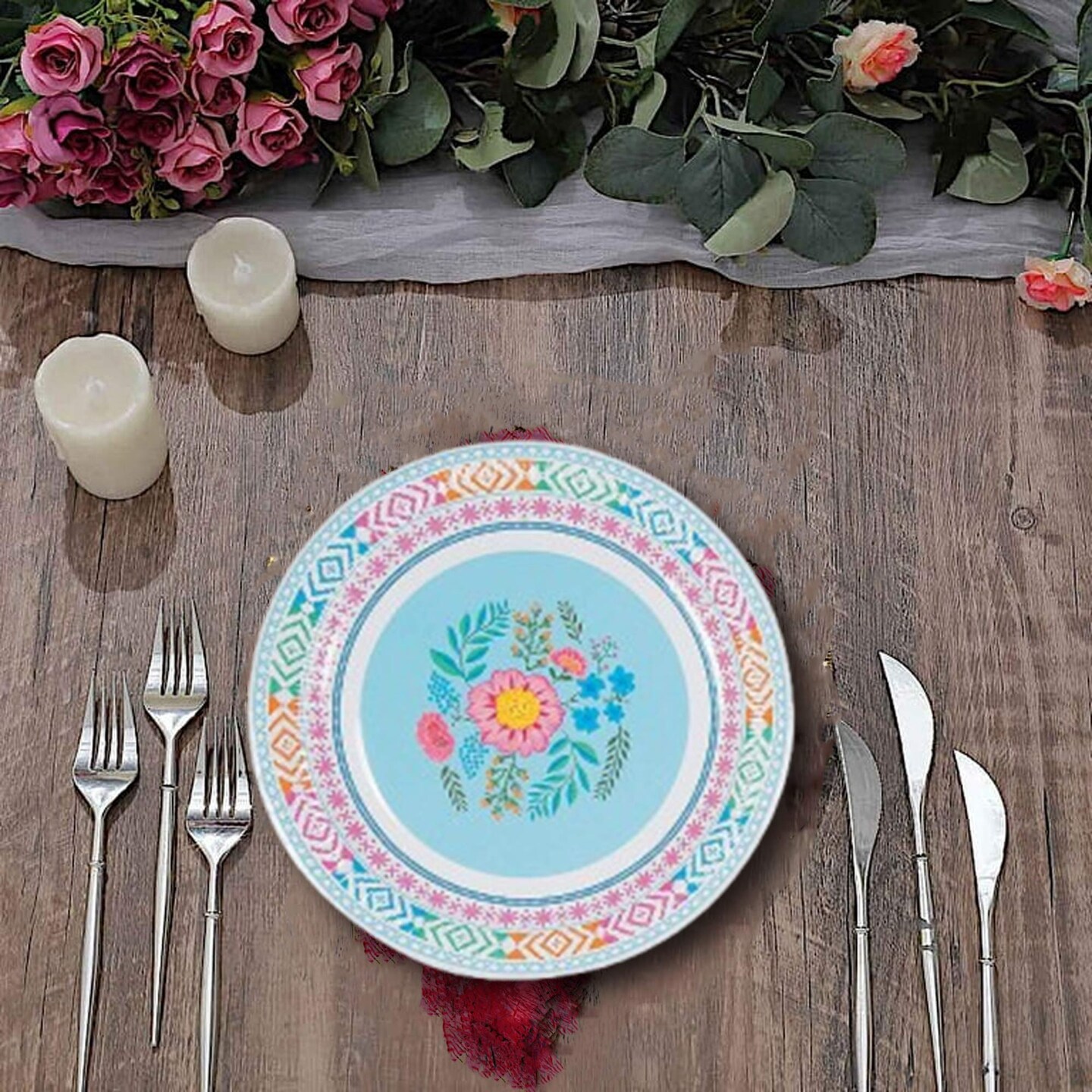 12 Count Boho Party Floral Paper Dinner Plates 9 Inch Colorful Disposable Bohemian Theme Supplies