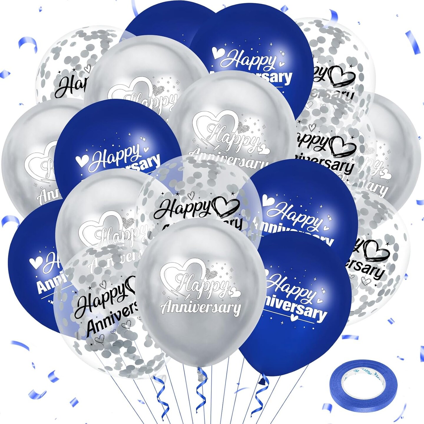 Happy Anniversary Balloons 18Pcs Blue Silver Party Decorations for Women Men 12Inch Metallic Confetti Balloons for Indoor Outdoor Party Supplies