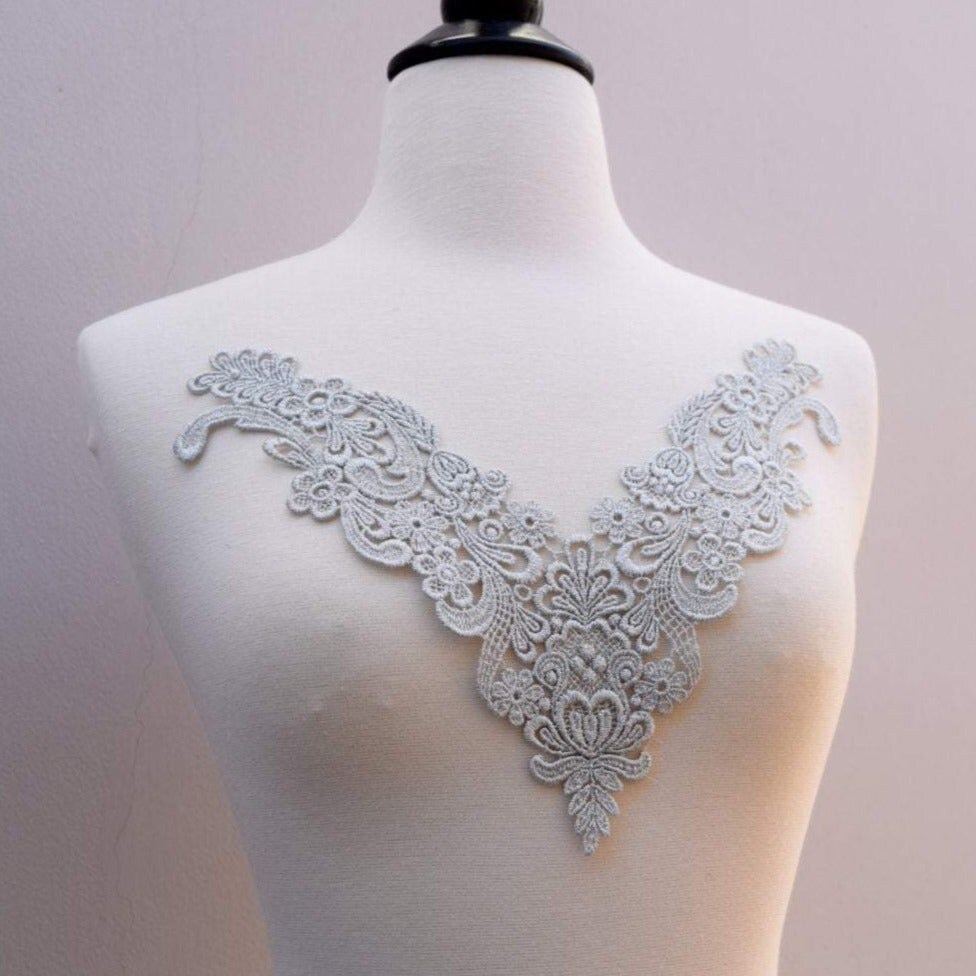Soft Silver Metallic Venice Lace Applique 1 Pc Elegant V Shaped Regal Embellishment