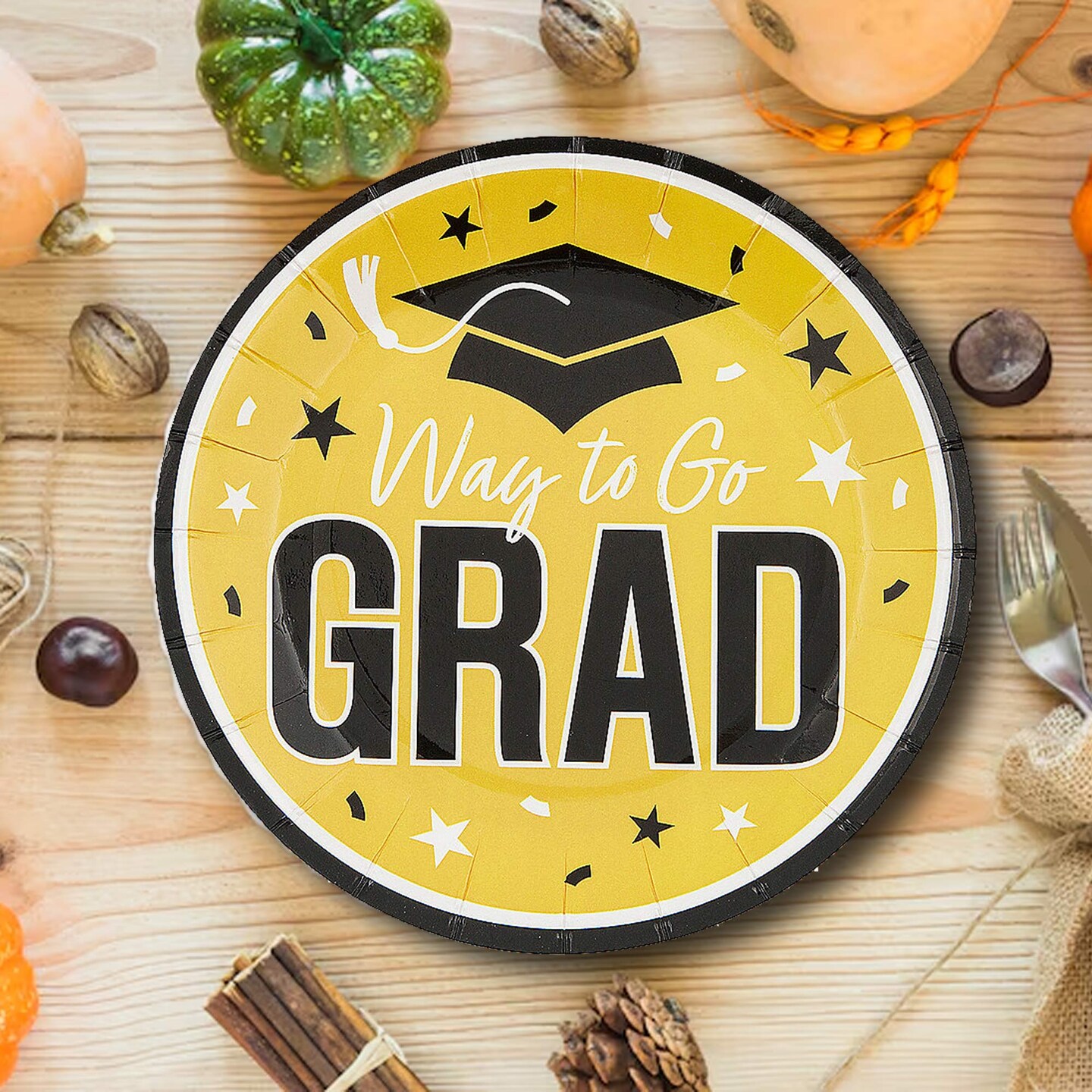 25 Count Yellow Way to Go Grad Dessert Plates Graduation Celebration Plates 7 1/4 Inch