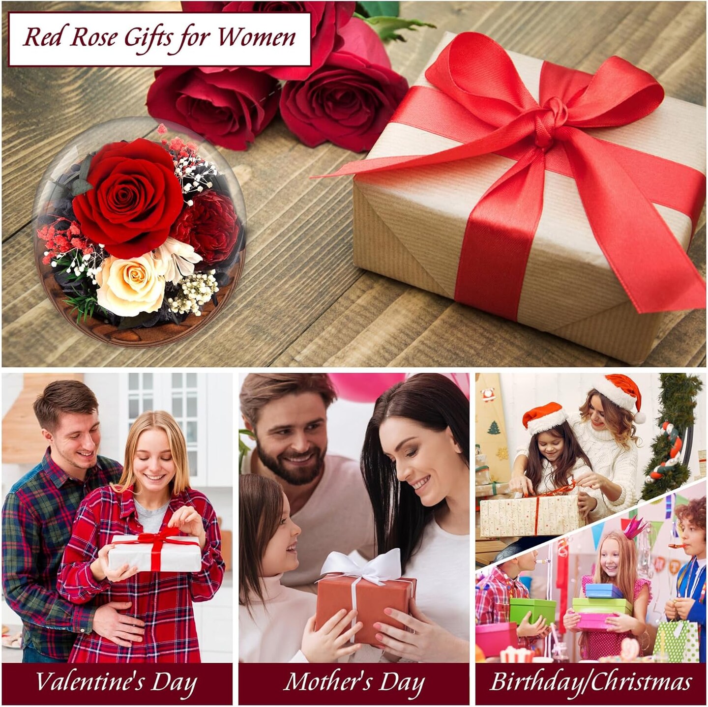 Women Preserved Red Real Rose Flowers in Glass Dome