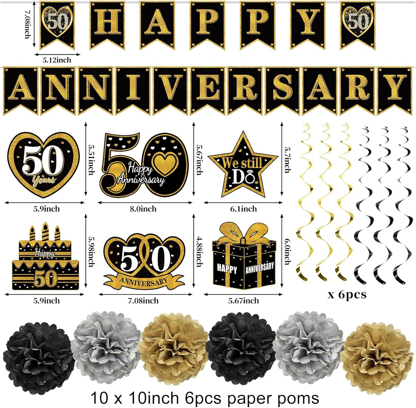Happy 50th Anniversary Decorations Kit, Black Gold 50th Wedding Anniversary (Black Gold)
