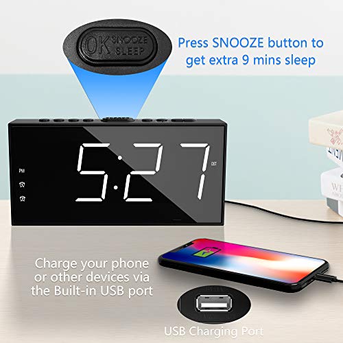 Clock for Bedroom, 2 Alarms Loud LED Big Display Plug in Simple Basic Digital Clock with USB Charging Port, Adjustable Volume, Dimmable, Snooze for Deep Sleepers Kids Elderly Home Office