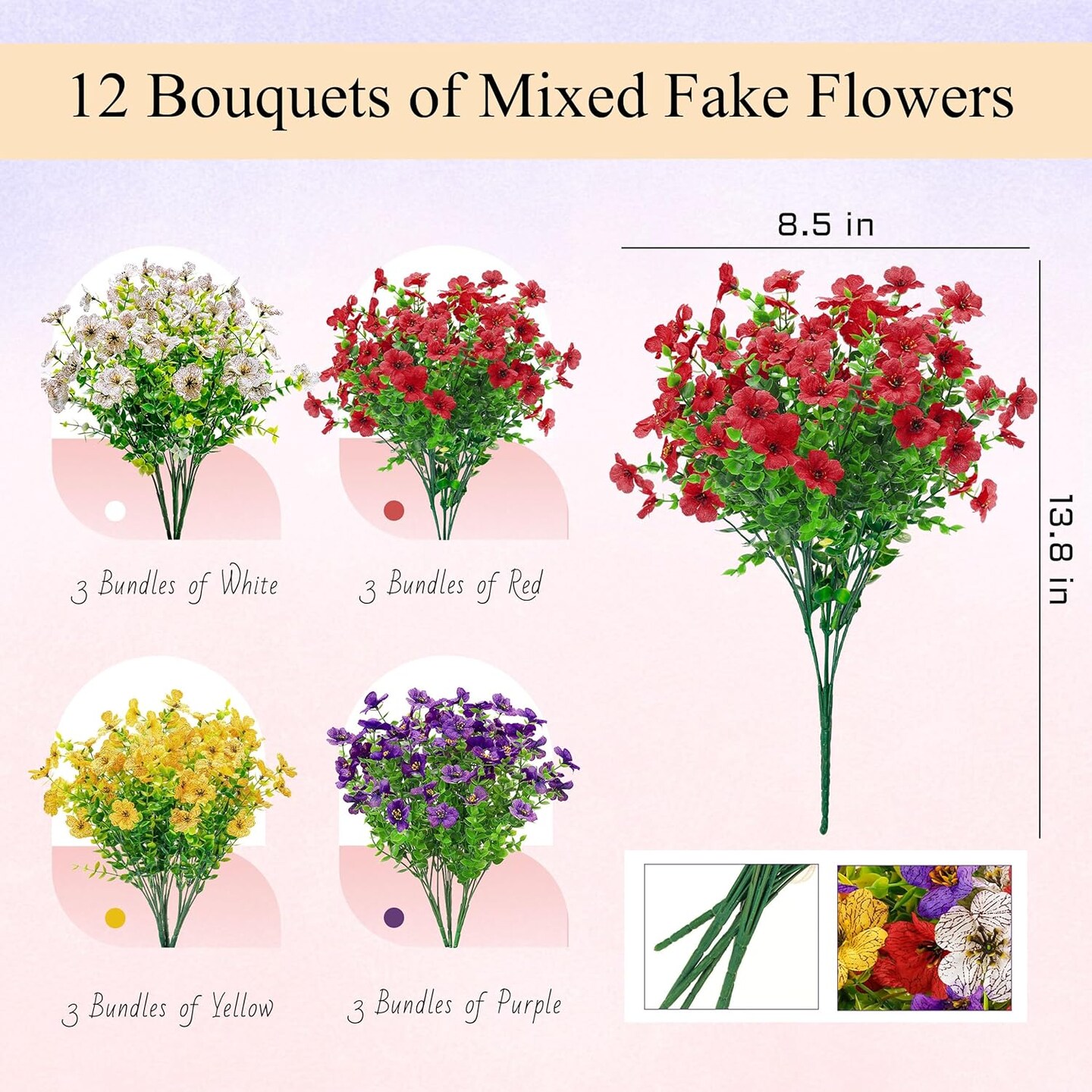 12 bundles Outdoor Artificial Flowers UV Resistant Spring Plants Fake Silk Flowers Greenery Shrubs Plastic Flower Faux Plants for Outside Indoor Decor