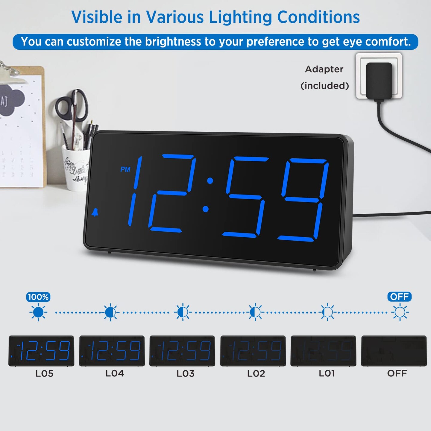 Digital Clock, Alarm Clock for Bedrooms - Large Big Numbers 5 Dimmers for Seniors, Battery Backup Loud Alarm Clock with USB Charger Port (Blue Digit)