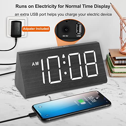 Wooden Digital Alarm Clocks for Bedrooms - Electric Desk Clock with Large Numbers, USB Port, Battery Backup Alarm, Adjustable Volume, Dimmer, Snooze, DST, 12/24H, Wood Décor (Black)
