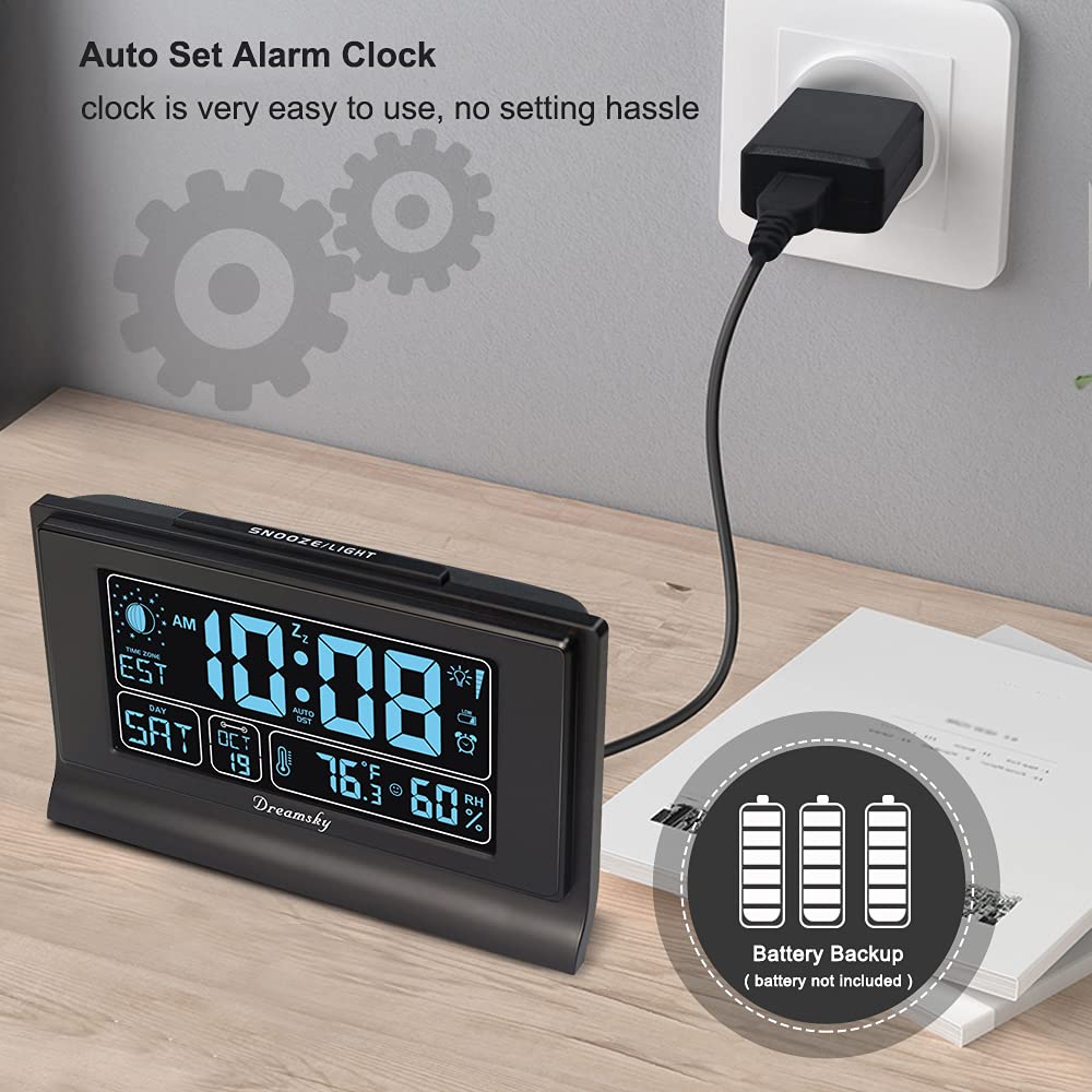 Digital Alarm Clock with Large Display, Temperature & Humidity, 6 Level Brightness, USB Charging, Battery Backup, Black