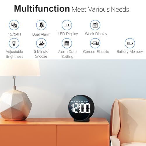 Small Digital Alarm Clock LED Desk Travel Electronic Clock Dual Alarm Snooze Dimmable Day Set 12/24H Week Display 4inch White (No Battery&Adapter) Stay on for 8 s When Powered by Battery