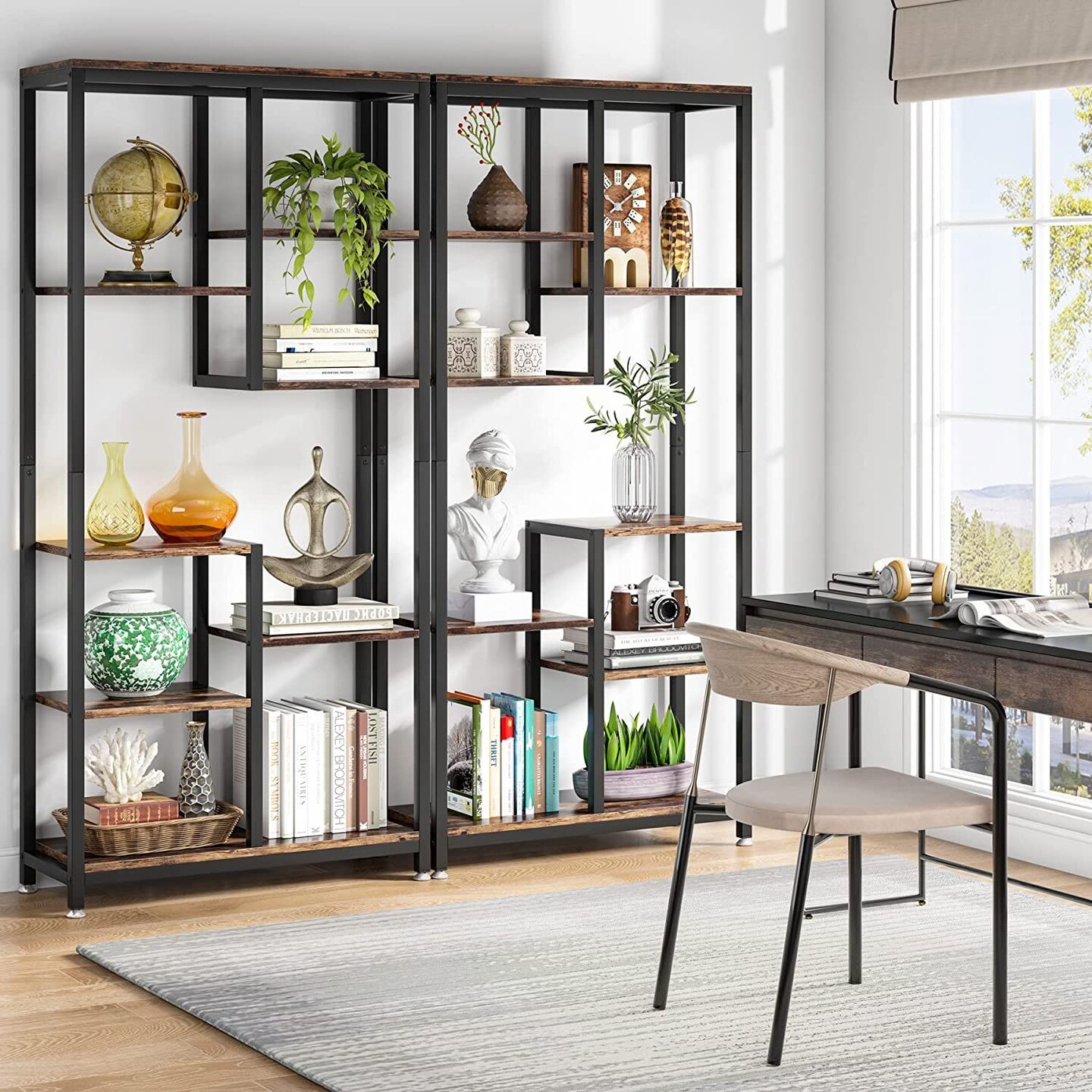 Industrial 8 Tier Bookshelf Rustic Brown Black Wood Metal Bookcase Storage Display Shelf Freestanding Organizer