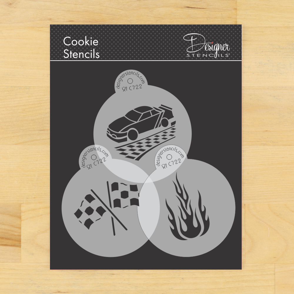 Racecar Cookie Stencil Set | C722 by Designer Stencils | Cookie Decorating Tools | Baking Stencils for Royal Icing, Airbrush, Dusting Powder | Reusable Plastic Food Grade Stencil for Cookies | Easy to Use &#x26; Clean Cookie Stencil