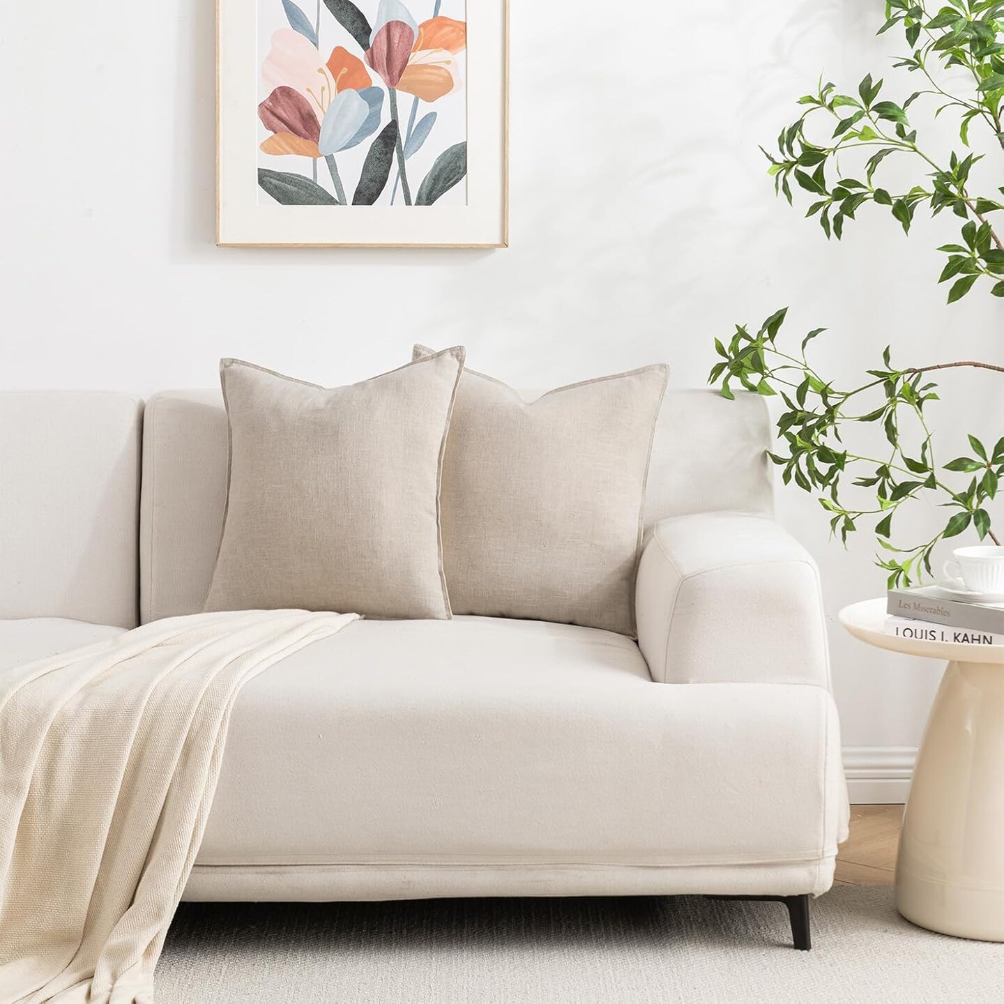 Natural Linen Throw Pillow Covers 18x18 Inch Set of 2 Soft Textured Beige Farmhouse Bobo Neutral Decorations Decorative Throw Pillows Cases Cushion Covers for Bed Living Room Couch Decor