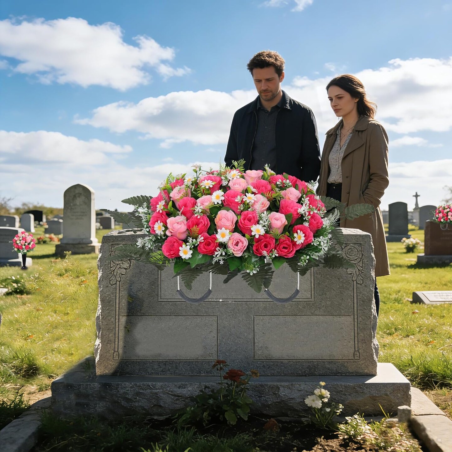 Large Artificial Cemetery Flower Saddle – Silk Rose & Daisy Arrangement for Grave and Headstone (Pink)
