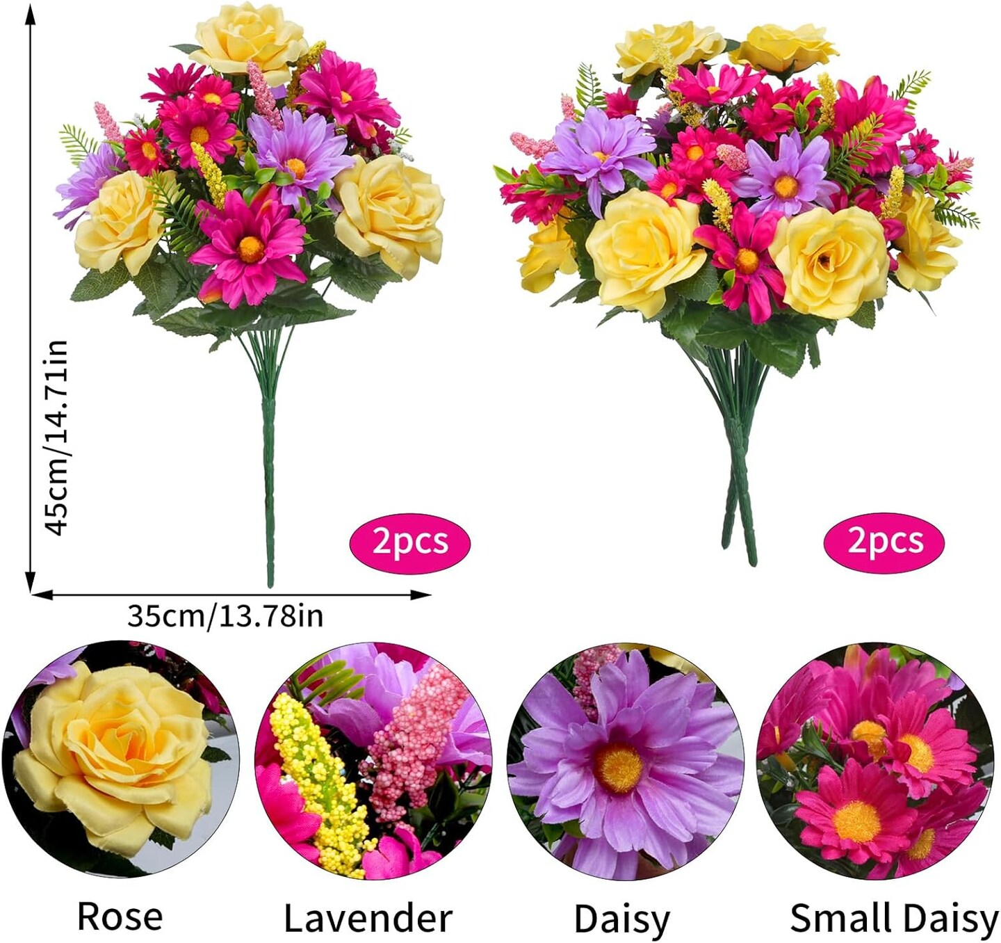 2 Bunches Cemetery Flowers for Grave Vase – 15” Artificial Rose & Daisy Silk Bouquet for Memorial, Summer Decoration, and Table Centerpiece