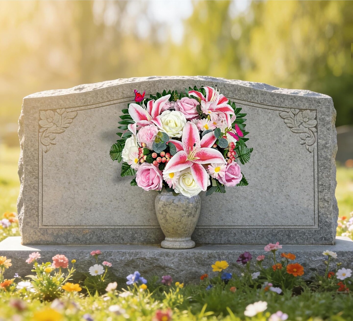 Artificial Cemetery Flowers – Silk Lily, Rose, Daisy & Berry Bouquet for Headstones and Memorial Grave Decorations