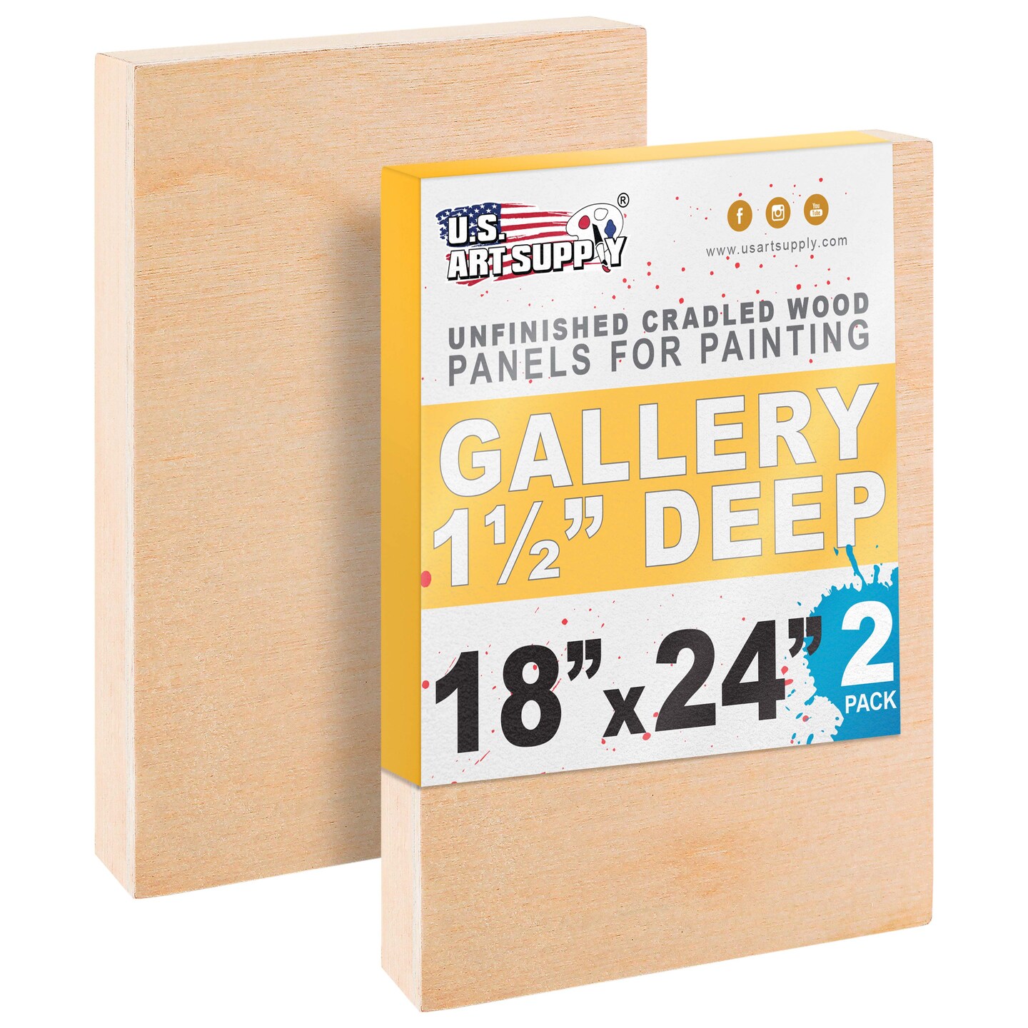 Unfinished Cradled Wood Panels for Painting, 2 Pack of 18x24 inch - Gallery Birch Wooden Canvas Boards 1-1/2" Deep - Mixed-Media Craft, Acrylic, Oil, Encaustic, Paint Pouring