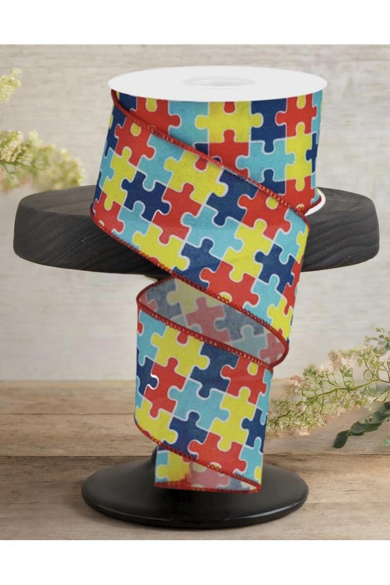 2.5&#x22; Puzzle Piece Royal Ribbon: Autism Awareness (10 Yards)