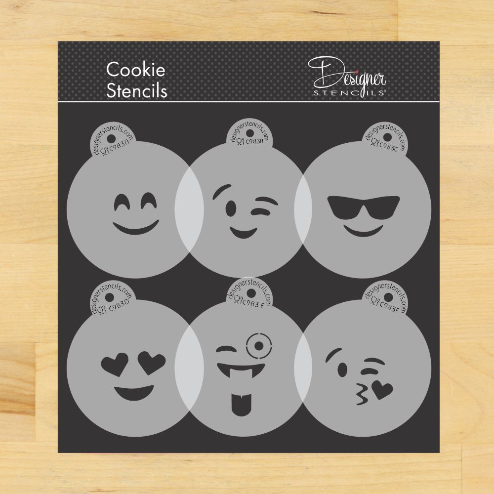 Emojis Cookie Stencil Set | C983 by Designer Stencils | Cookie Decorating Tools | Baking Stencils for Royal Icing, Airbrush, Dusting Powder | Reusable Plastic Food Grade Stencil for Cookies | Easy to Use &#x26; Clean Cookie Stencil