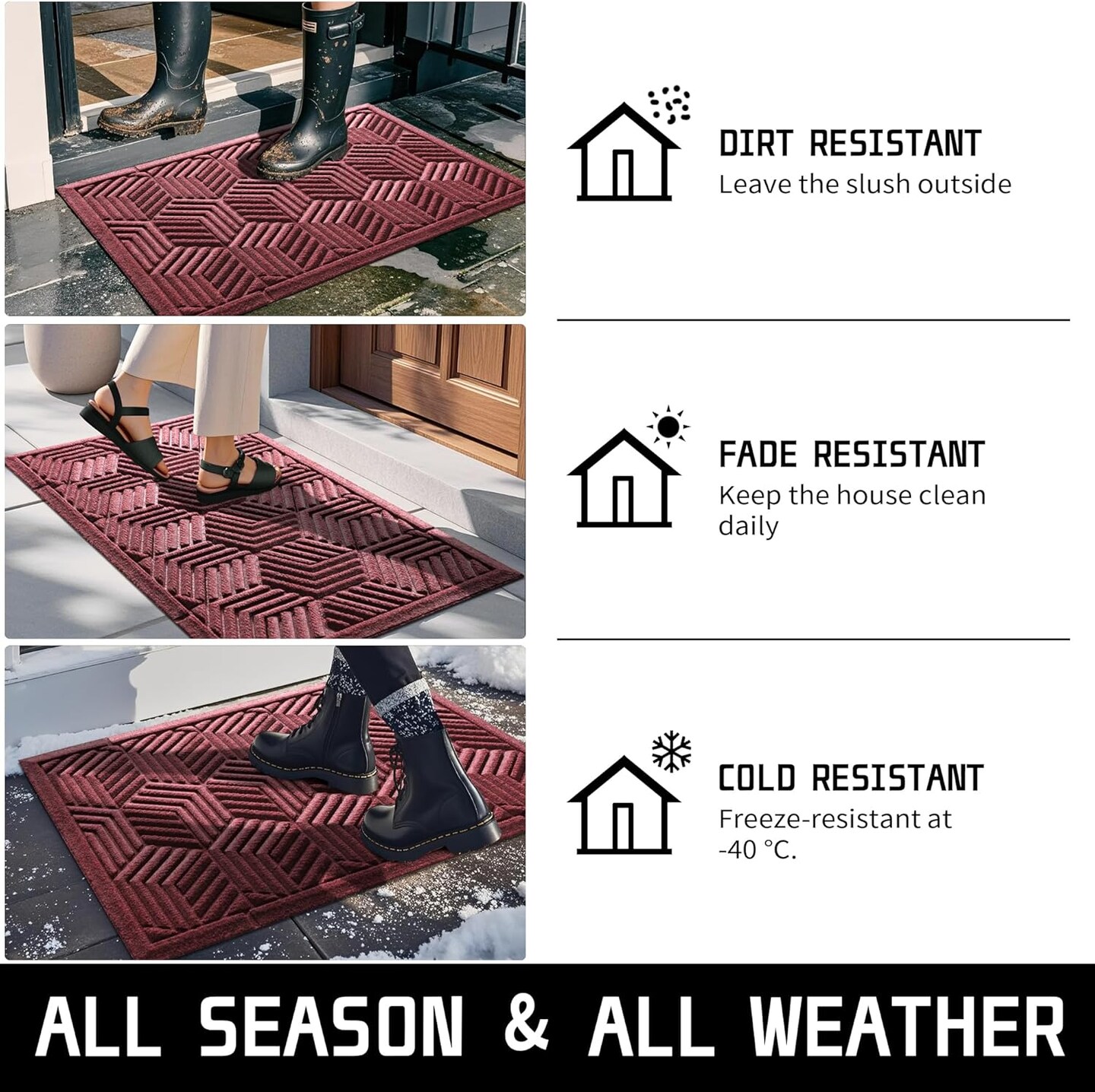 Door Mat Outside Entrance, 29.5x17 Inch, All-Season Indoor Outdoor Welcome Mat, Heavy Duty Natural Rubber, Non-Slip, Resist Dirt, Stain and Fade Resistant, Low Profile, Easy Clean Patio, Red