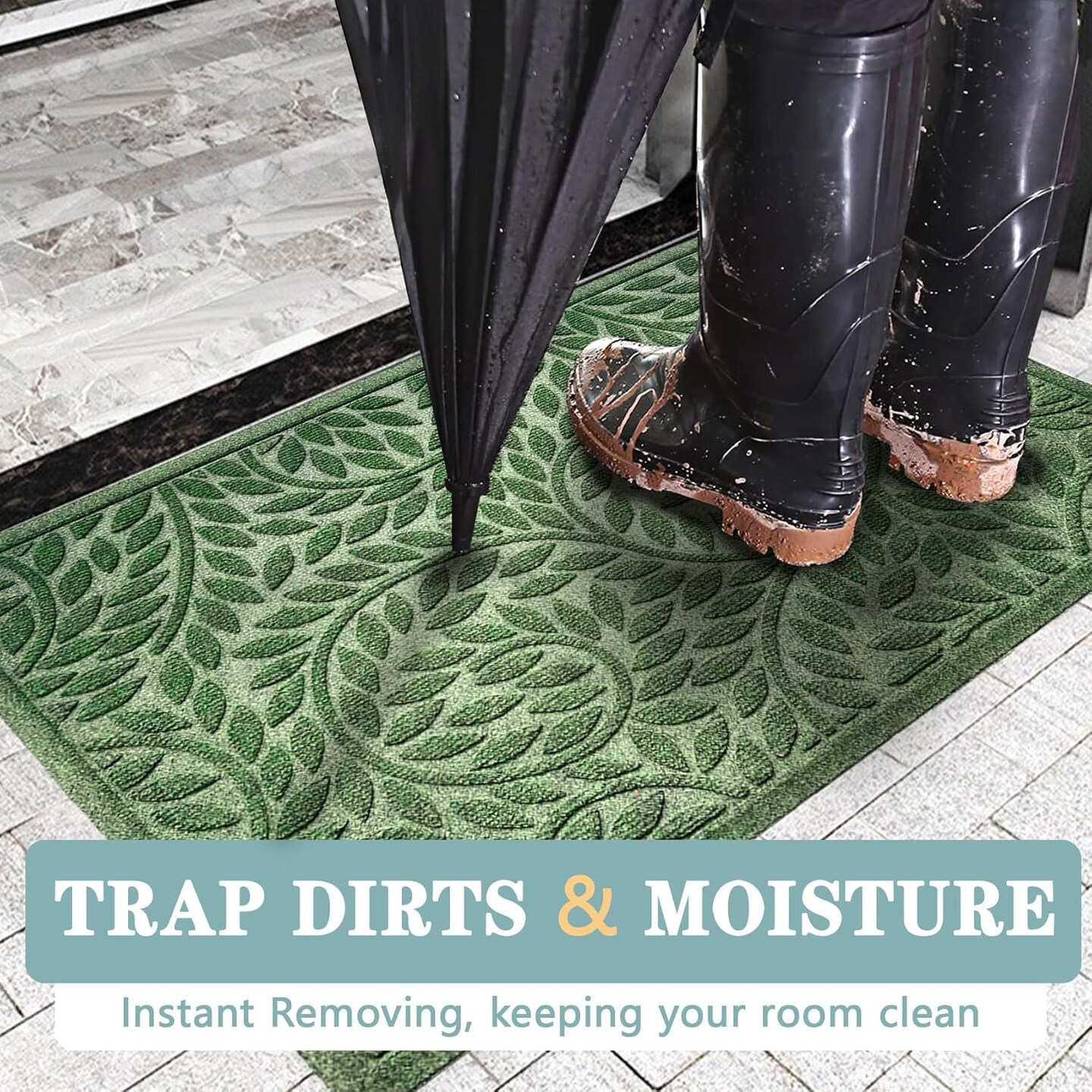 Spring Front Door Mat Outdoor Entrance,Durable Heavy Duty Welcome Mat,Thick Absorbent Natural Rubber Non Slip Mat,Welcome Entryway Rug Green, 17"x30"