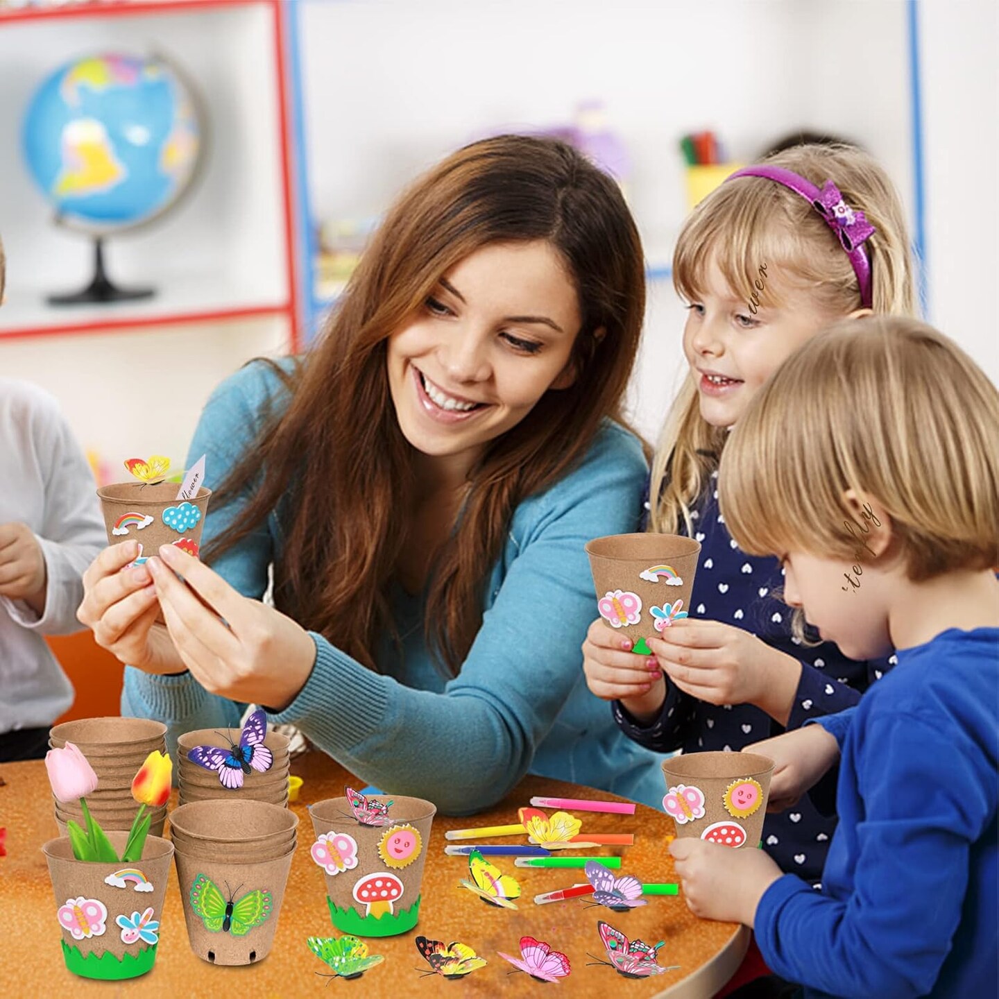 Garden Paper Pot Craft Kit 20 Pack Flower Plant Spring Craft with 50pcs Adhesive Foam Stickers 20pcs Paper Mache Pots Label Pen Flower Planting Growing Kit Science for Kids