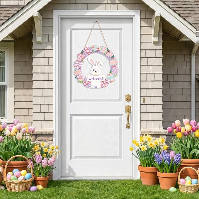 Easter Decorations, Easter Wreath Decor, Rabbit Welcome Sign Door Decoration, for Front Door Porch Window Wall Hanging Decor, Pink Green Spring Decoration for the Home