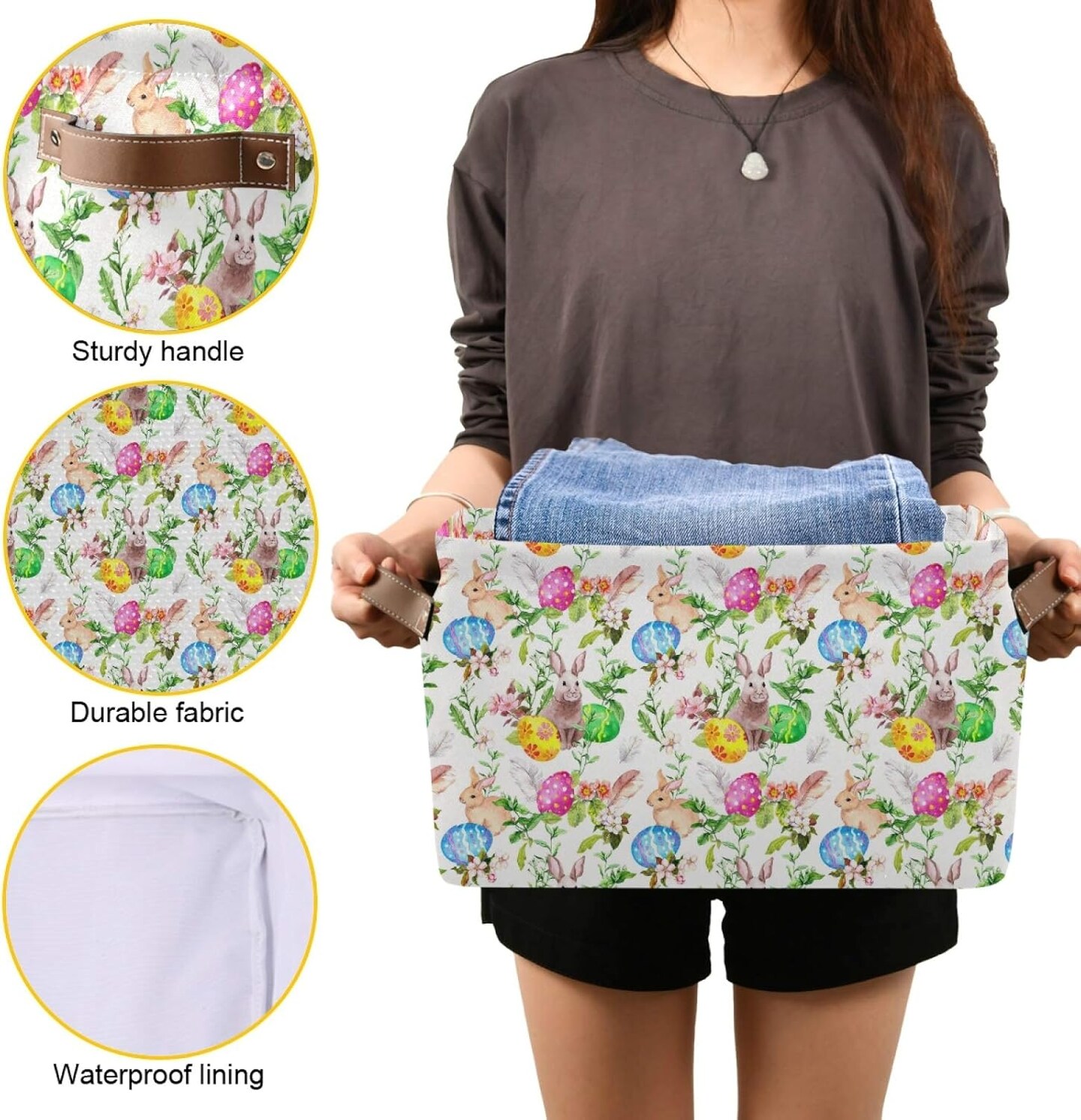 Easter Basket Storage, Box with Handles Easter Bunny Eggs in Grass Flowers Fabric Collapsible Storage Bins