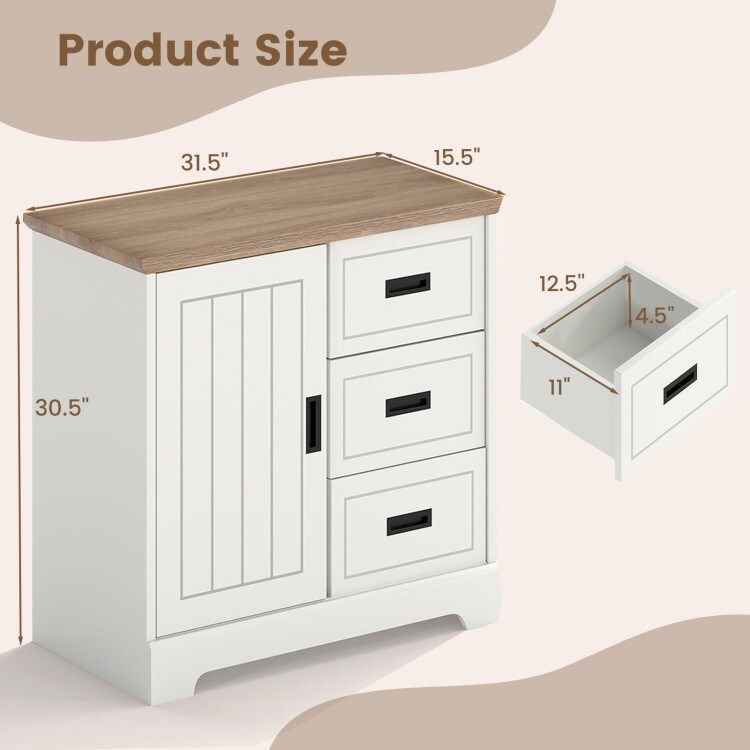 White Engineered Wood Sideboard with 3 Drawers and Adjustable Shelf