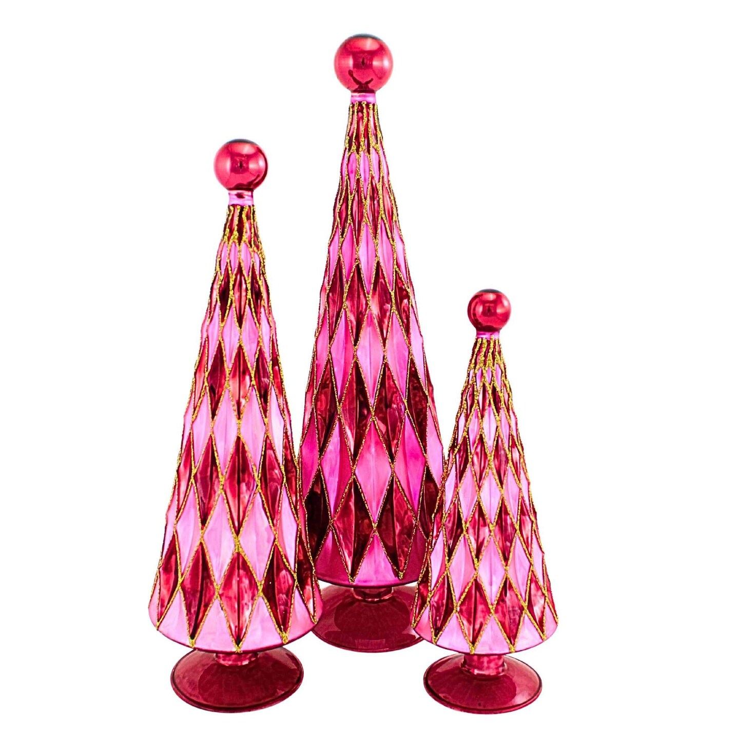 Cody Foster 14.5 Inch Diamond Trees Burgundy Pink Christmas Decorative Tree Set , Mid Century Style Reflective