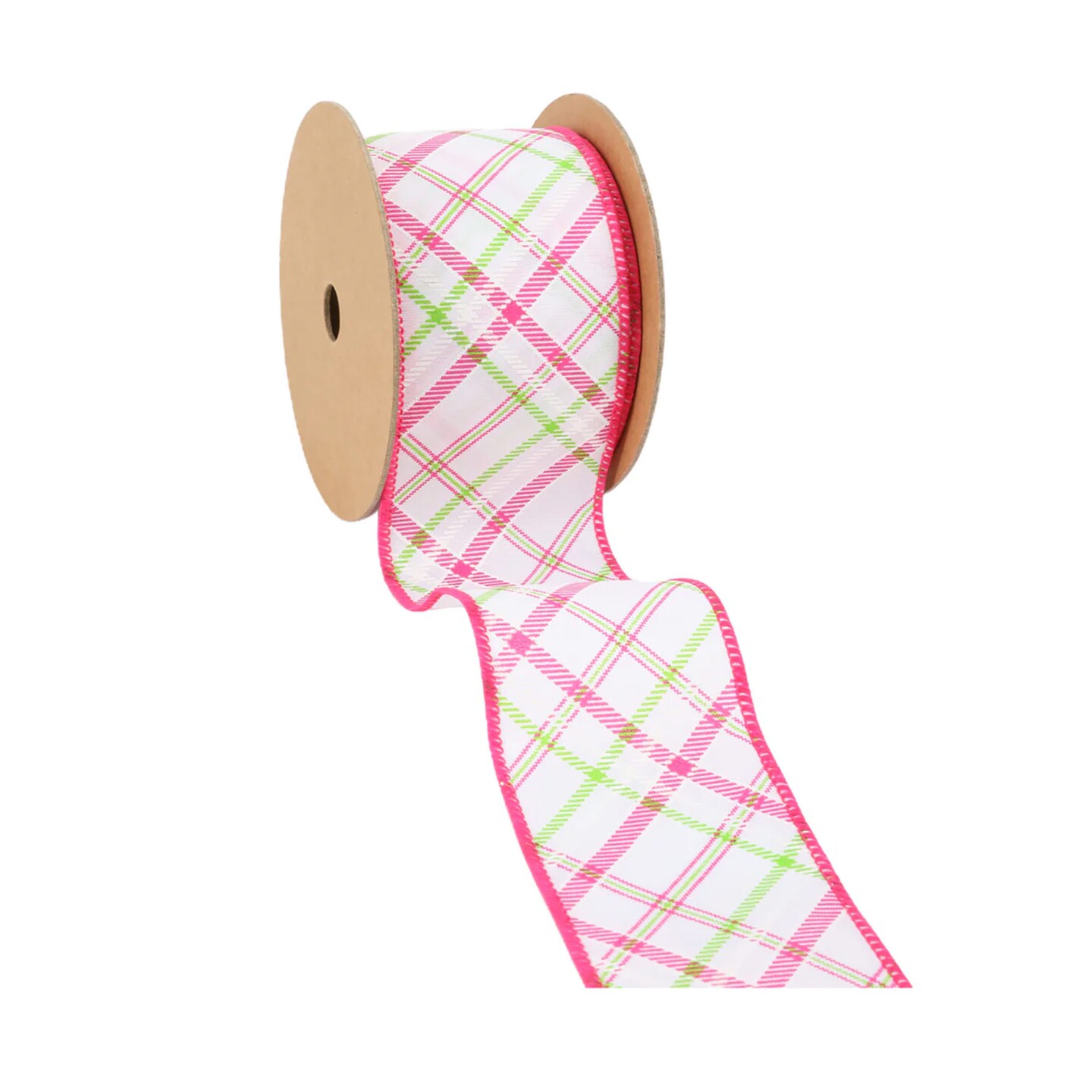 LaRibbons Wired Ribbon | White w/ Pastel Pink and Green Bias Plaid | 10 Yard Roll
