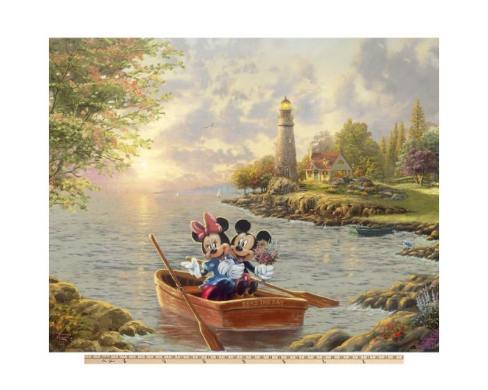 Mickey Mouse Minnie Mouse Lighthouse Boating Disney by Thomas Kinkade Licensed by David Textiles Digital Print Cotton Fabric Panel | 100% Cotton | Sold By the Panel