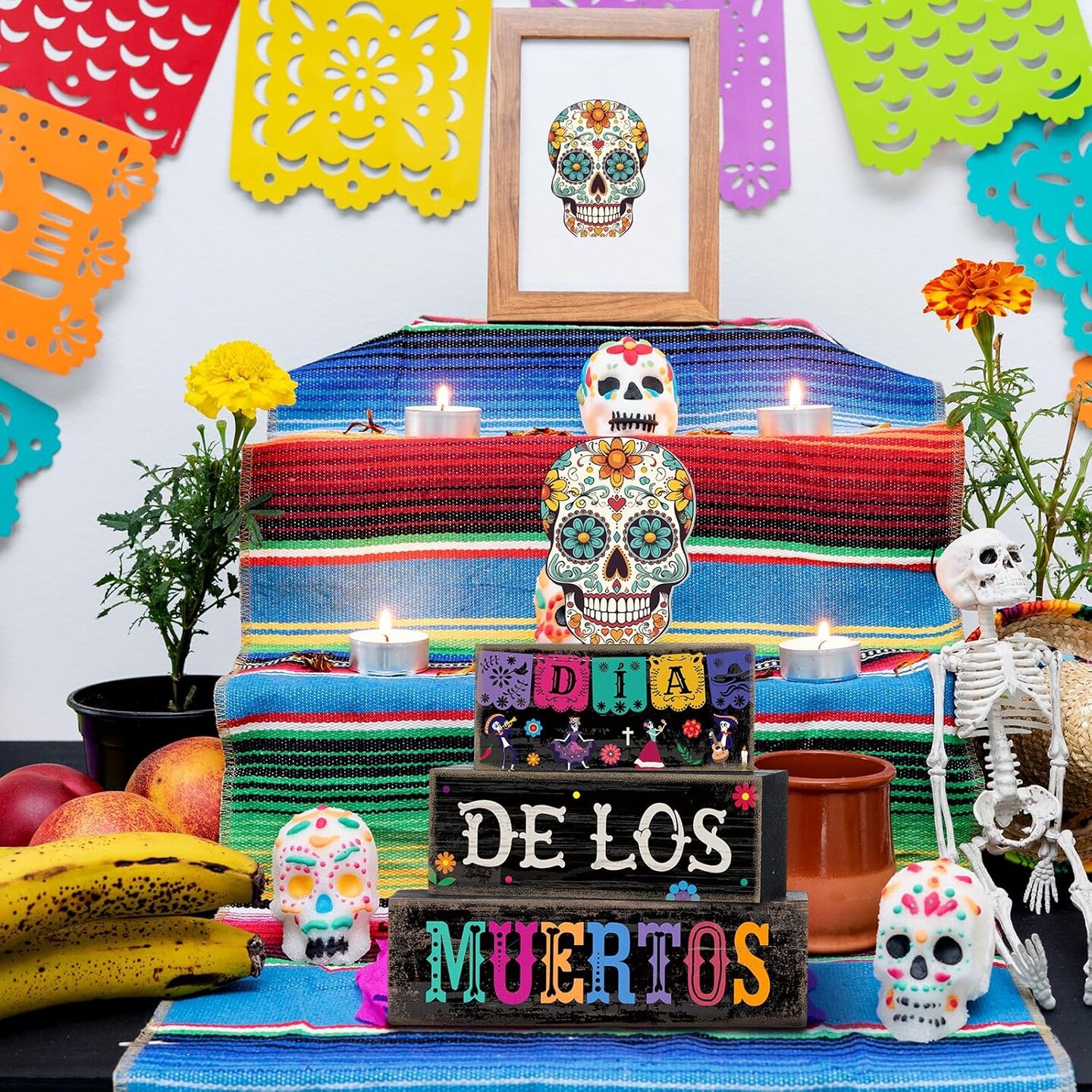 4 Pcs Day of The Dead Table Decorations Day of The Dead Centerpiece for Table Dia De Los Muertos Tiered Tray Decor Wood Sugar Skull Multicolor