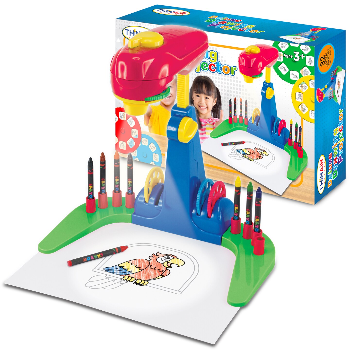 Playful Minds: Deluxe Drawing Projector - 14pc Coloring & Tracing Art Kit, 32 Animal Pictures, 4 Image Discs, 8 Crayons, Pad, Adjustable Toy, Kids 3+