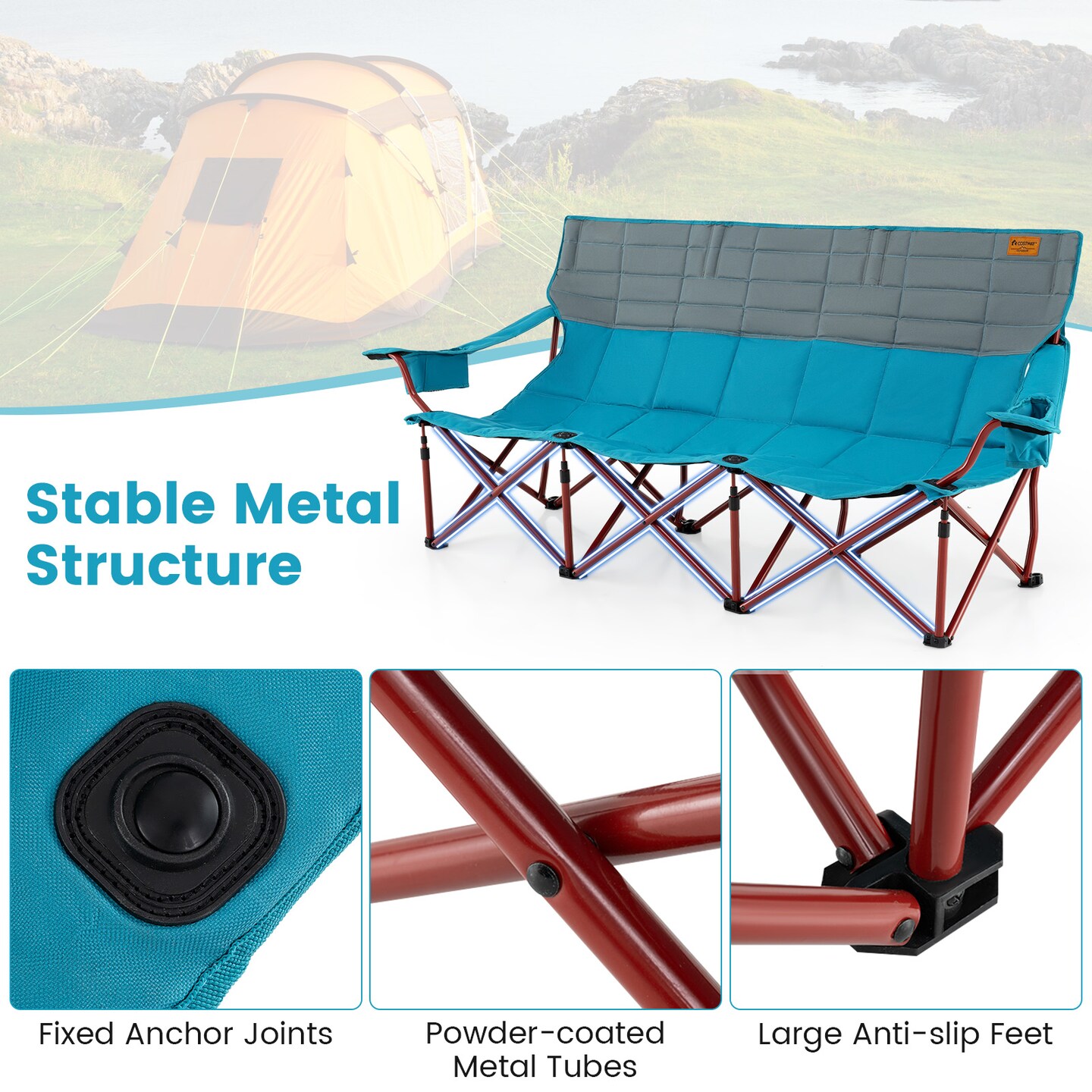 3-Person Folding Camping Chair with Cup Holders and Carry Bag