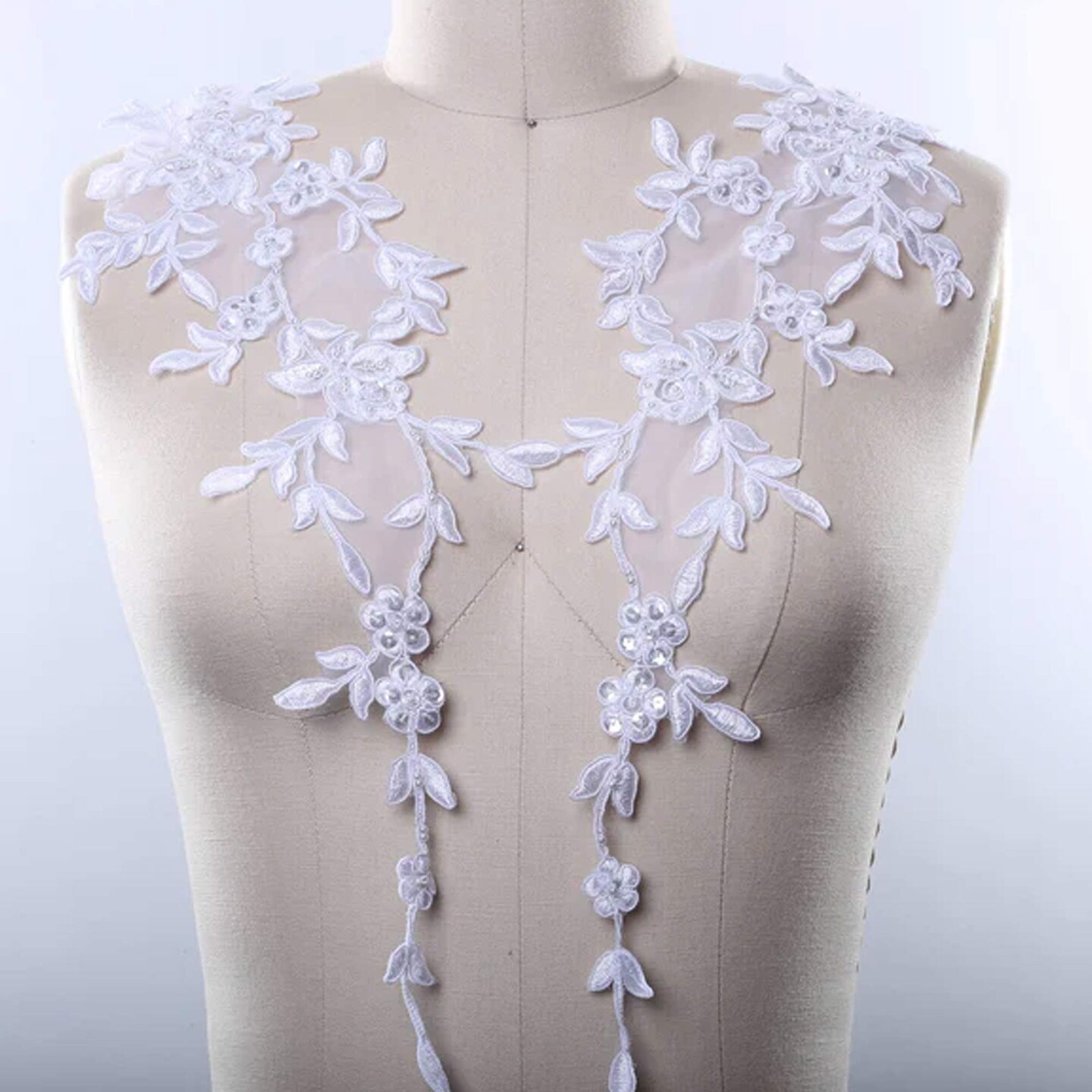 1 Pair 16" Length White Beaded Floral Lace Appliques for Bridal Dress Veil Embellishments