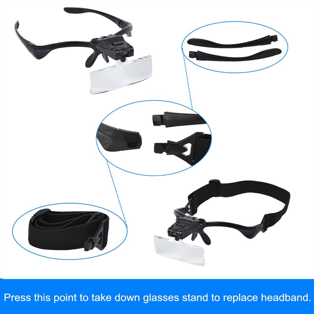 Beileshi Headhand Magnifier Glasses With 2 LED Professional Jeweler&#x27;s Loupe Light Bracket and Headband are Interchangeable 5Lens Glass Magnifying Visor