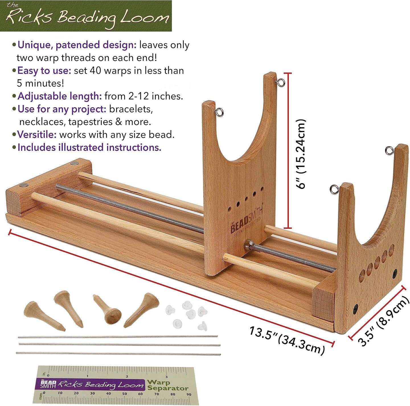 The Beadsmith Rick&#x27;s Beading Loom, Two-Warp Loom, 13.5 x 3.75 x 4.5 inches, Wooden, Illustrated Instructions Included, Easy Assembly, Use to Create Necklace and Bracelet Designs