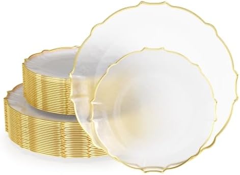 Trendables Plastic Plates for Party Fancy Plastic Dinner Plates For Guest 7.5 inch Dessert Plates &#x26; 10 Inch Thin Delicate Disposable Dinnerware Charger Plate Set