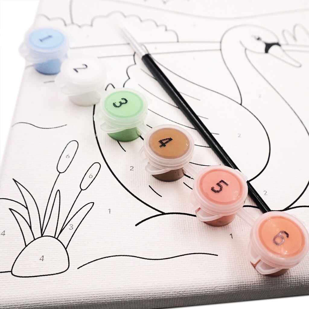 Angels Craft Paint by Number Canvas Set - Lily Pond Swan | Includes: 1 Pre-printed Canvas, 6 Acrylic Paint pots, 1 Artist Brush