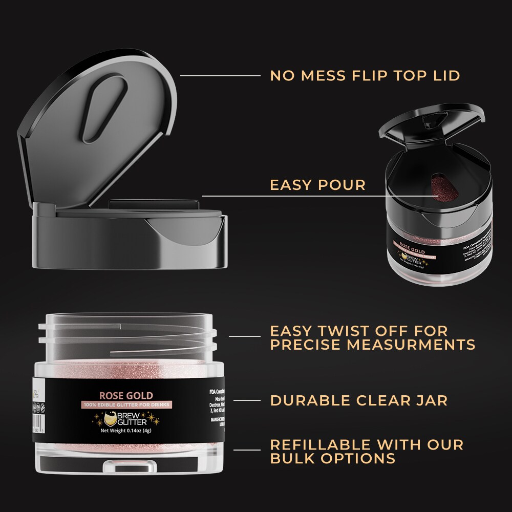 Brew Glitter - Rose Gold Edible Drink Glitter (4g, x1 Flip-Cap Jar) for Beer, Cocktails and Beverages