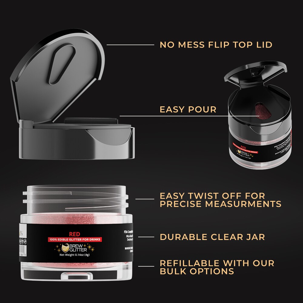 Brew Glitter - Red Edible Drink Glitter (4g, x1 Flip-Cap Jar) for Beer, Cocktails and Beverages