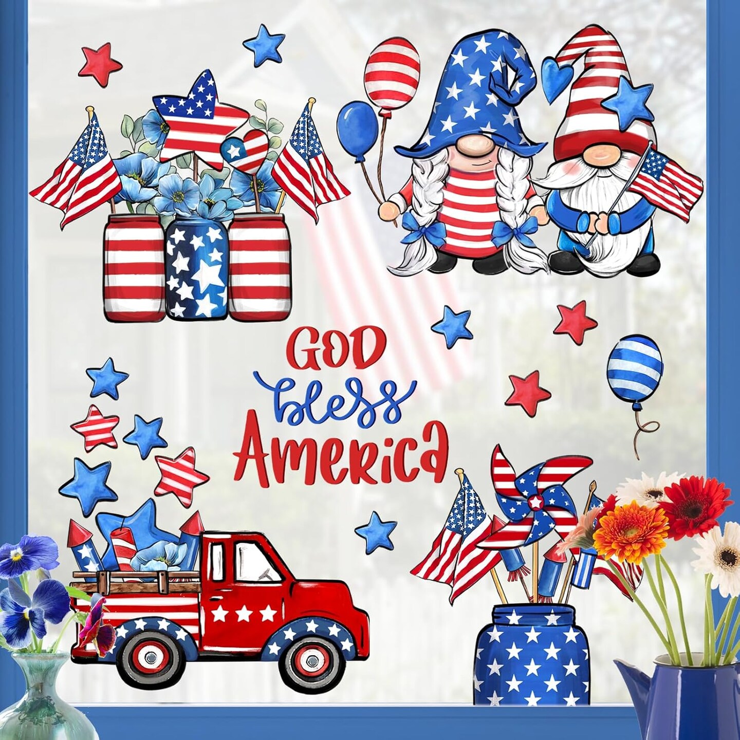 4th of July Patriotic Window Clings (4 Sheets) – God Bless America Gnome Truck Mason Jar Stickers for Independence Day & Memorial Day Home Decor
