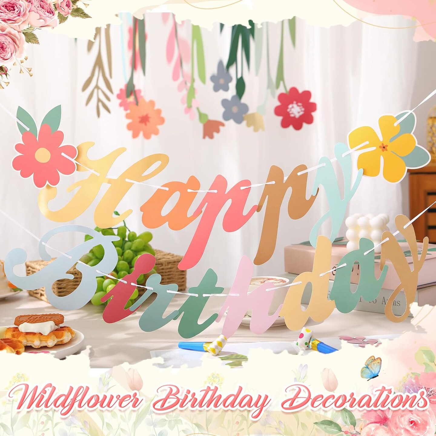 3 Pcs Wildflower Birthday Party Decorations – Floral Garland & “Happy Birthday” Banner for Spring, Boho Hanging Décor for Women