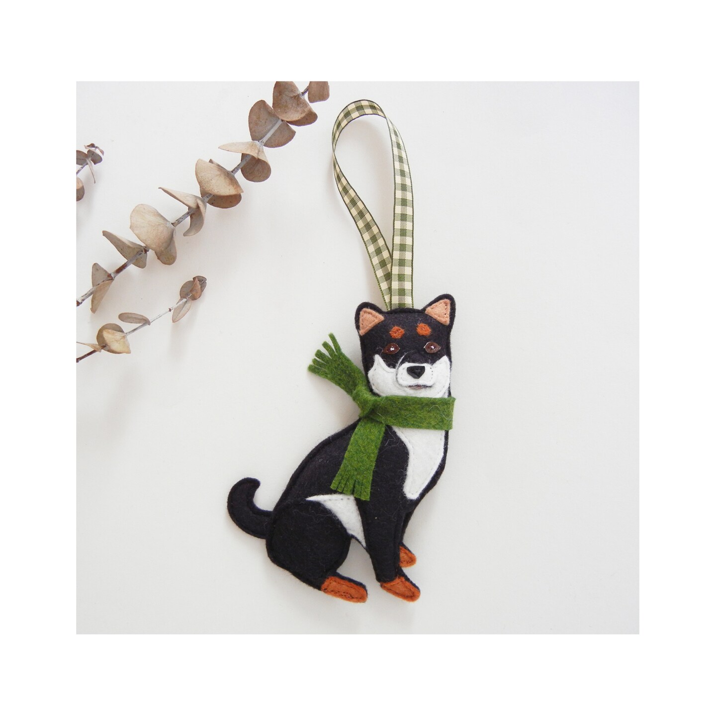 Shiba Inu Black Tan Sesame Dog Green Scarf Wool Felt Ornament