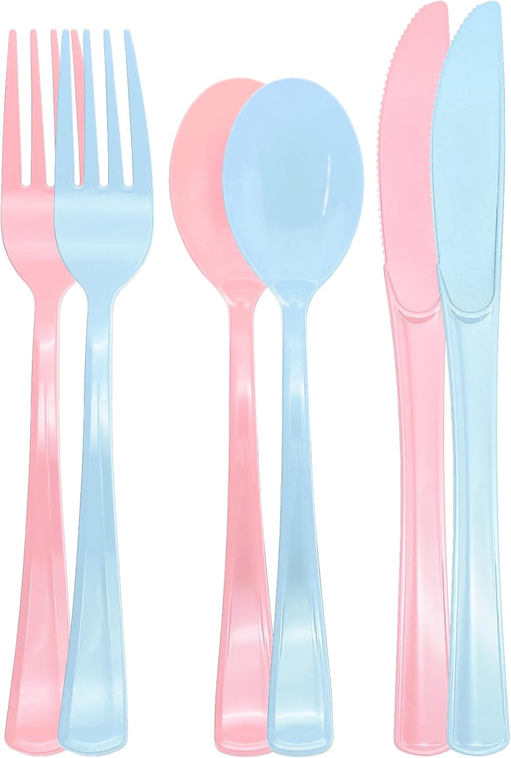 150 Pcs Pink and Blue Cutlery Heavy Duty Light Pink and Baby Blue Plastic Silverware - 50 Plastic Forks, 50 Knives, 50 Spoons for Baby Shower Gender Reveal
